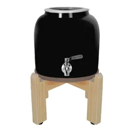 A black water dispenser on top of wooden stand.