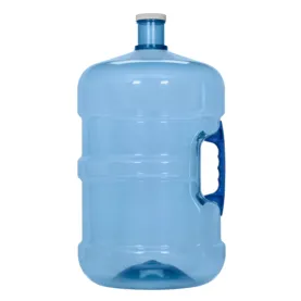 A large blue bottle of water with handle.